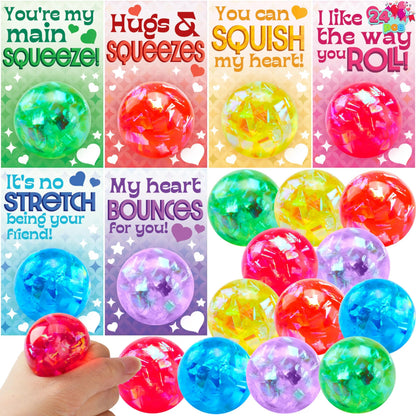 24-Pack Valentine's Day Stretchy Balls with Cards, Classroom Exchange Gift for Kids