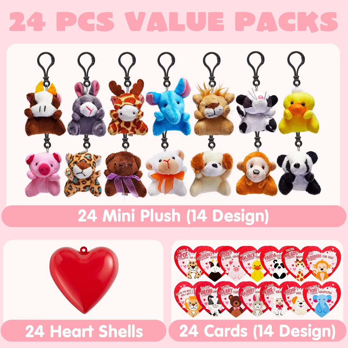 24 Animal Plush Toy Keychains in Heart Box with Valentine's Day Cards for Kids Classroom Exchange Gifts