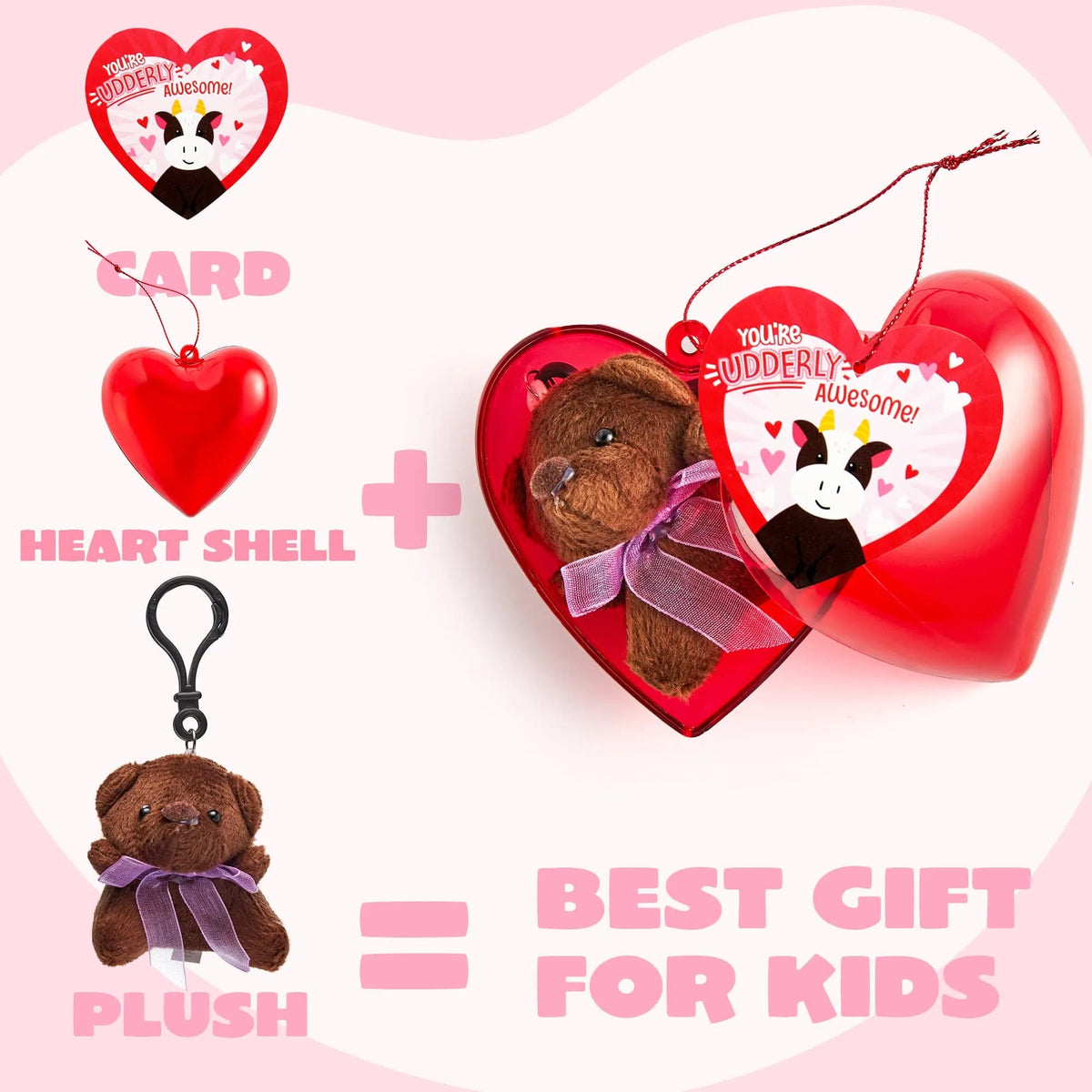 24 Animal Plush Toy Keychains in Heart Box with Valentine's Day Cards for Kids Classroom Exchange Gifts