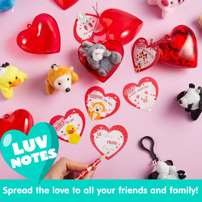 24 Animal Plush Toy Keychains in Heart Box with Valentine's Day Cards for Kids Classroom Exchange Gifts