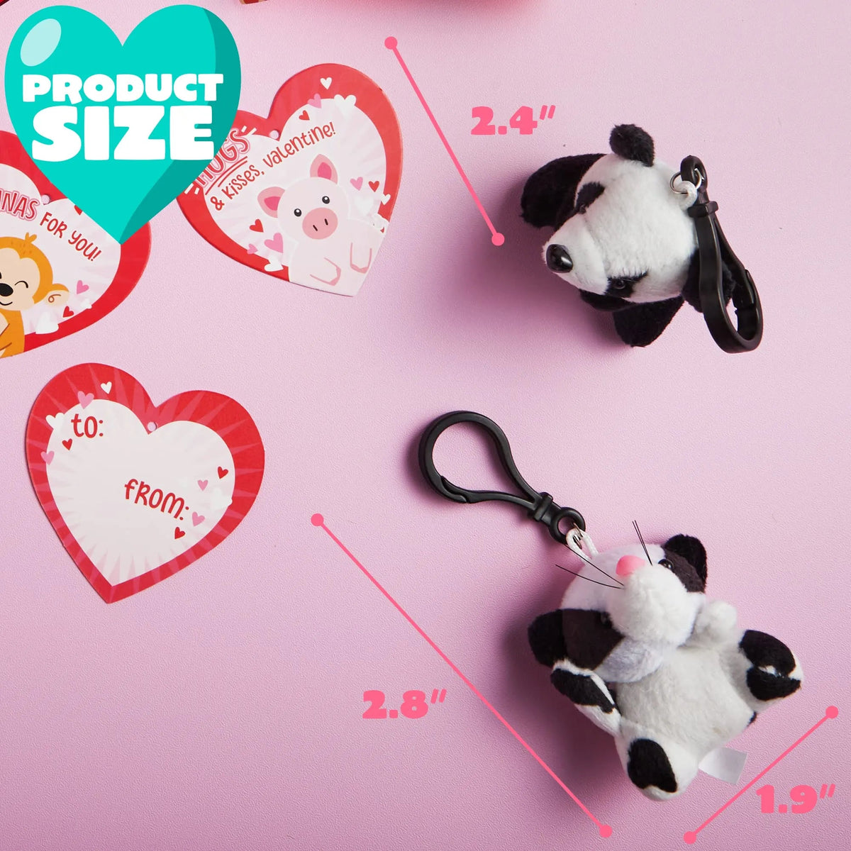 24 Animal Plush Toy Keychains in Heart Box with Valentine's Day Cards for Kids Classroom Exchange Gifts