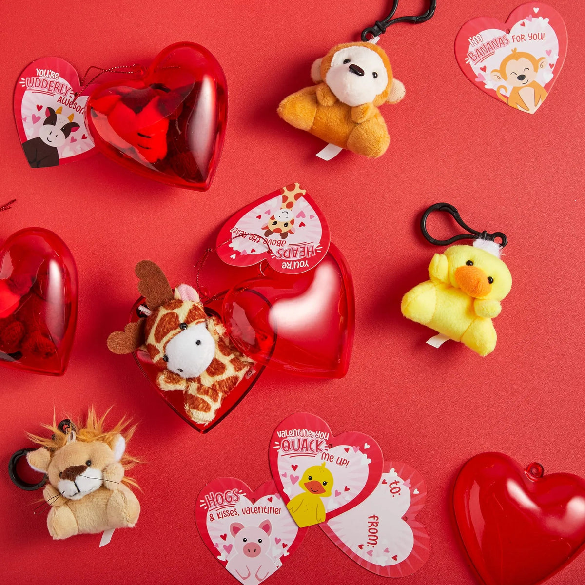 24 Animal Plush Toy Keychains in Heart Box with Valentine's Day Cards for Kids Classroom Exchange Gifts