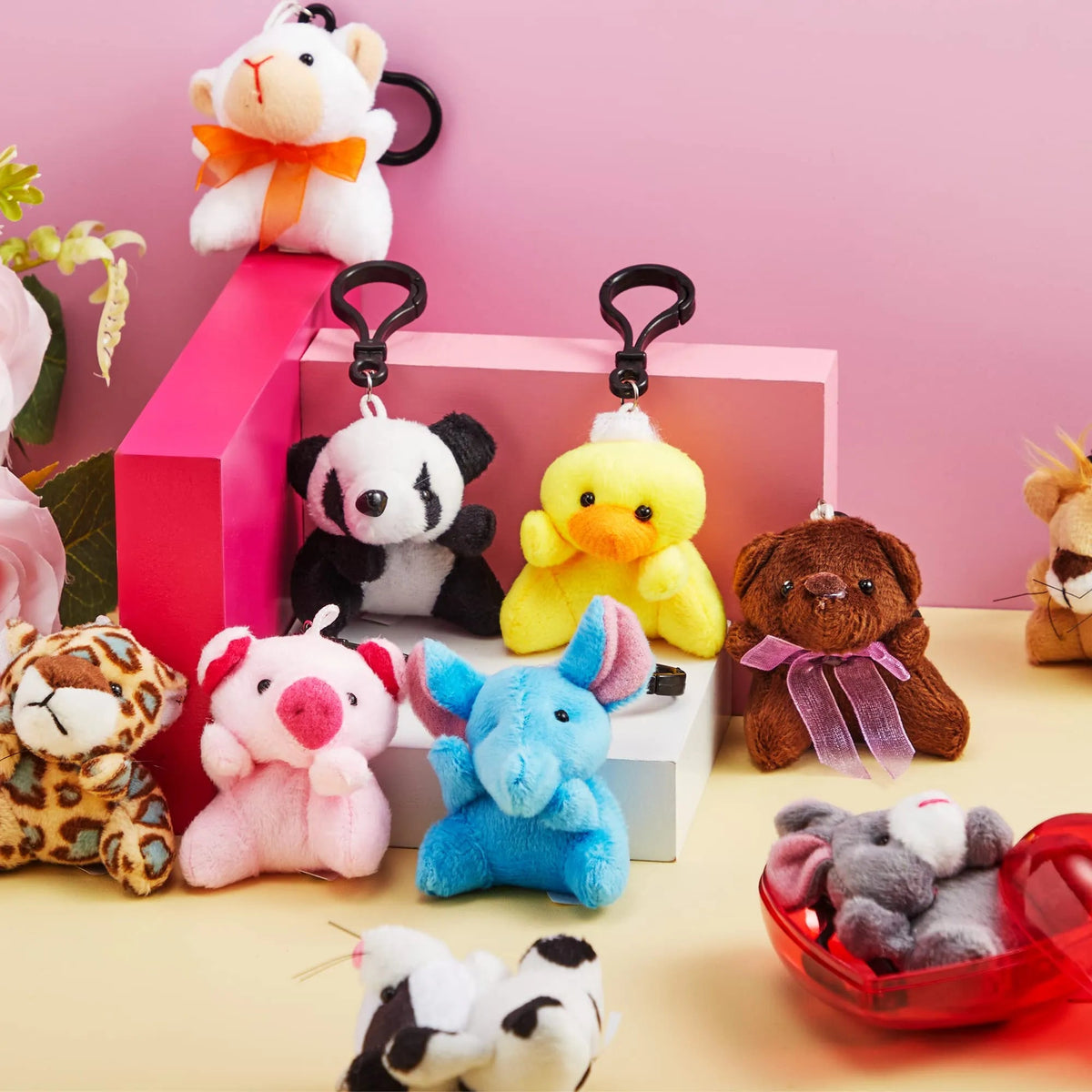 24 Animal Plush Toy Keychains in Heart Box with Valentine's Day Cards for Kids Classroom Exchange Gifts