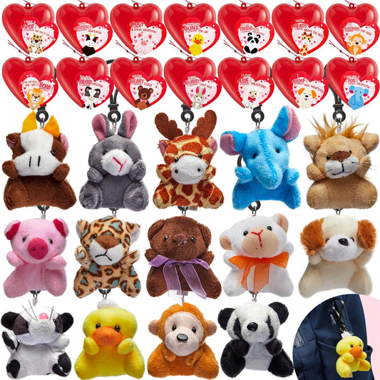 24 Animal Plush Toy Keychains in Heart Box with Valentine's Day Cards for Kids Classroom Exchange Gifts