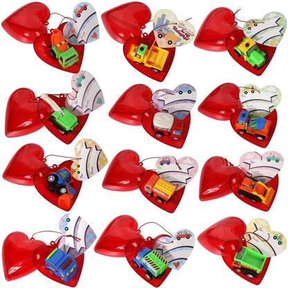 24 Construction Vehicles with Heart Shells and Valentine's Day Cards for Kids - Classroom Exchange Gifts