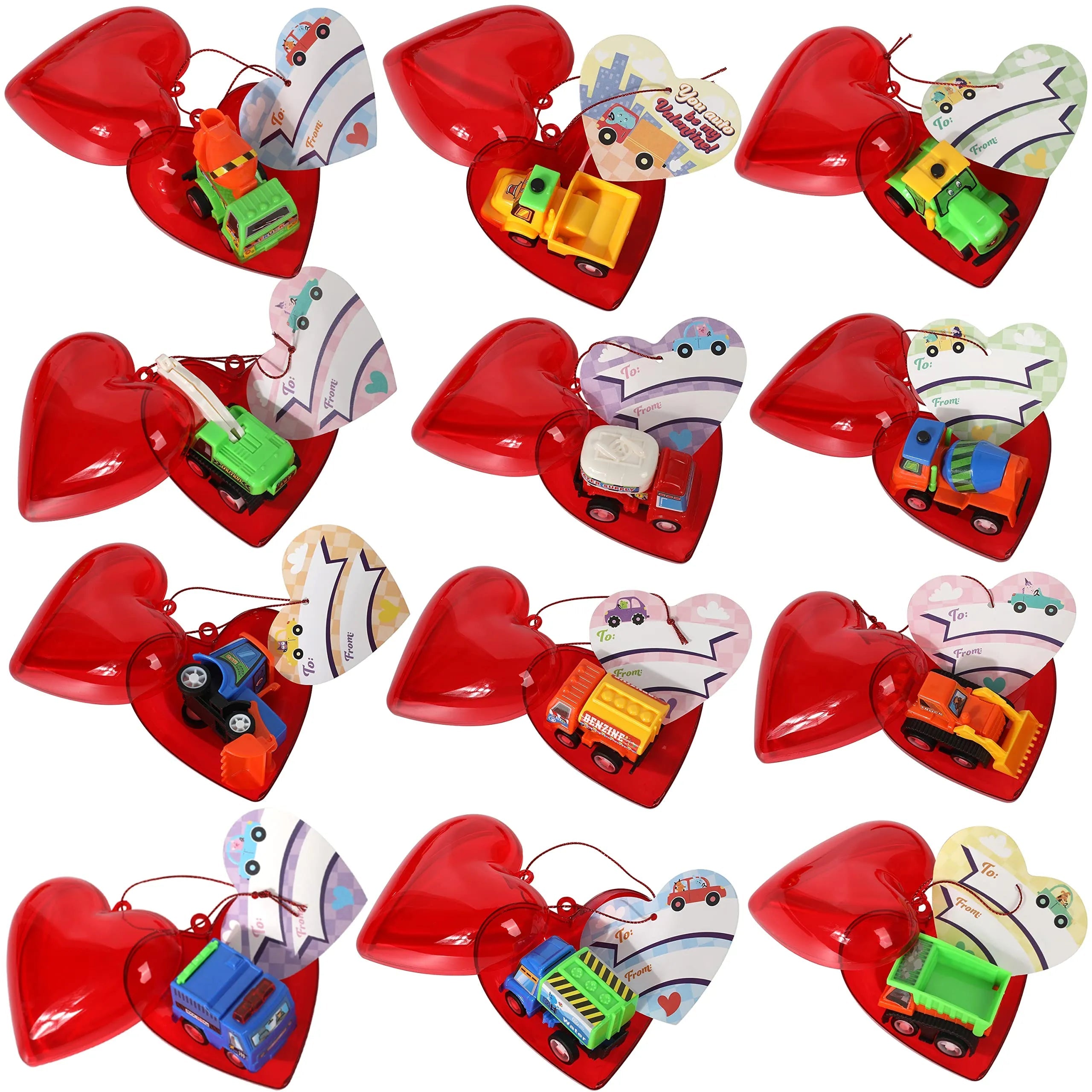 24 Construction Vehicles with Heart Shells and Valentine's Day Cards for Kids - Classroom Exchange Gifts