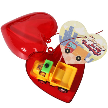 24 Construction Vehicles with Heart Shells and Valentine's Day Cards for Kids - Classroom Exchange Gifts