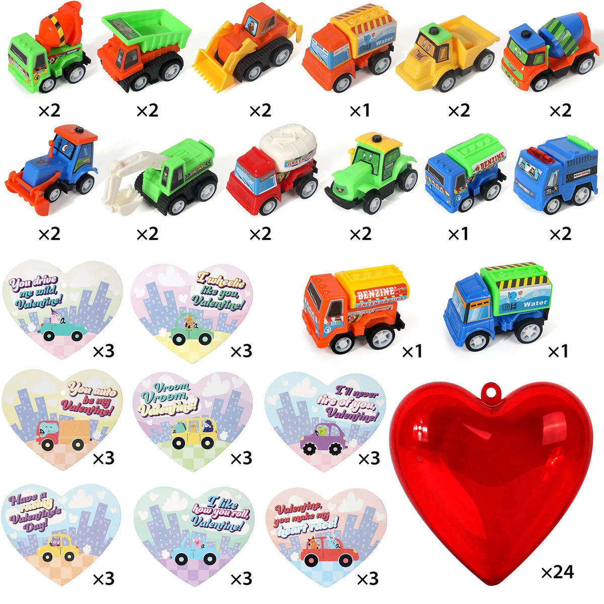 24 Construction Vehicles with Heart Shells and Valentine's Day Cards for Kids - Classroom Exchange Gifts