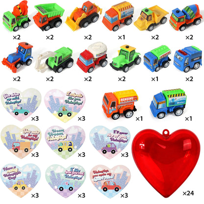 24 Construction Vehicles with Heart Shells and Valentine's Day Cards for Kids - Classroom Exchange Gifts