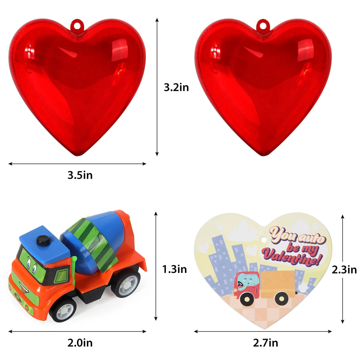 24 Construction Vehicles with Heart Shells and Valentine's Day Cards for Kids - Classroom Exchange Gifts