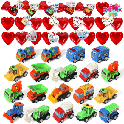 24 Construction Vehicles with Heart Shells and Valentine's Day Cards for Kids - Classroom Exchange Gifts