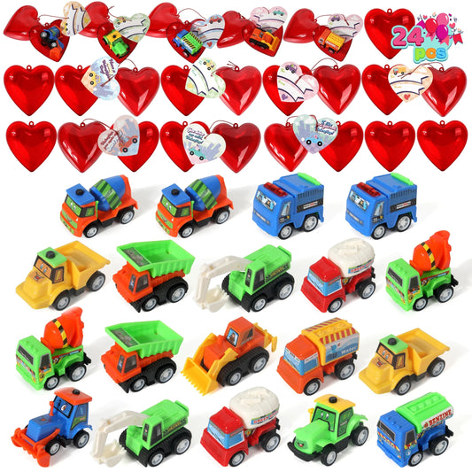 24 Construction Vehicles with Heart Shells and Valentine's Day Cards for Kids - Classroom Exchange Gifts