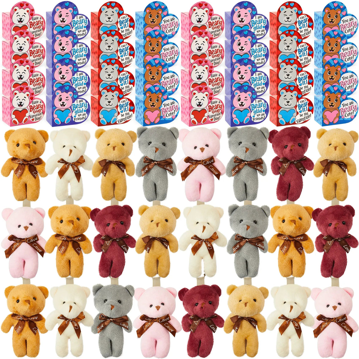 24 Kids Valentine's Cards with Mini Bear Plush Keychains in Boxes - Classroom Exchange Gifts