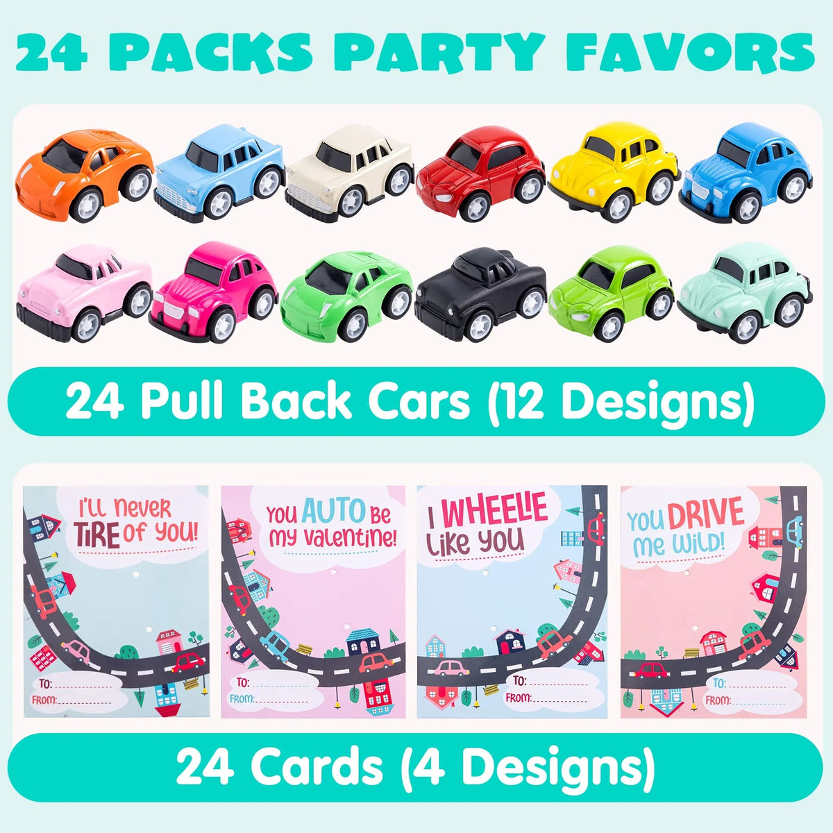 24Pcs Kids Valentine's Cards with Pull Back Car Vehicle Toys - Classroom Exchange Gifts