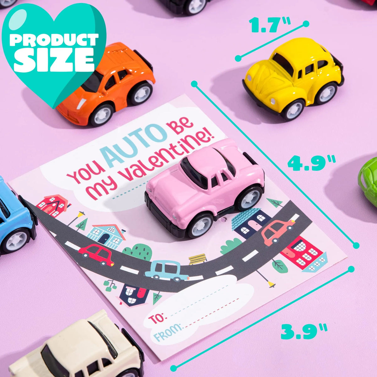 24Pcs Kids Valentine's Cards with Pull Back Car Vehicle Toys - Classroom Exchange Gifts