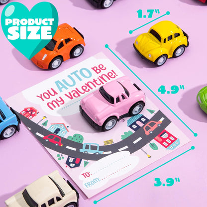 24Pcs Kids Valentine's Cards with Pull Back Car Vehicle Toys - Classroom Exchange Gifts