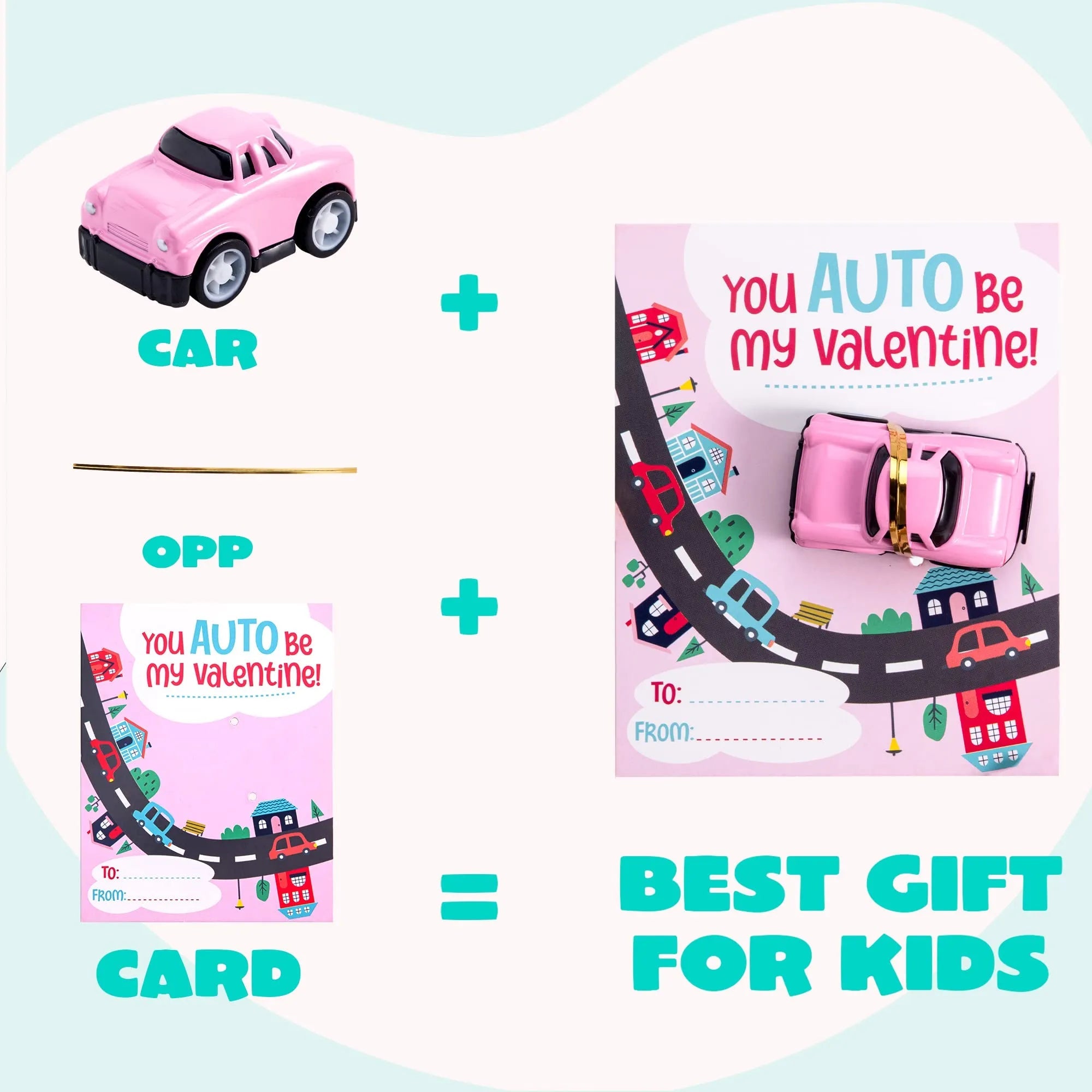 24Pcs Kids Valentine's Cards with Pull Back Car Vehicle Toys - Classroom Exchange Gifts