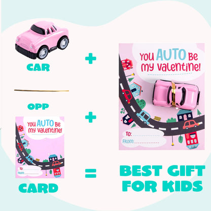 24Pcs Kids Valentine's Cards with Pull Back Car Vehicle Toys - Classroom Exchange Gifts
