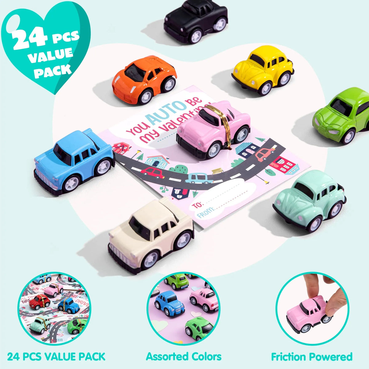 24Pcs Kids Valentine's Cards with Pull Back Car Vehicle Toys - Classroom Exchange Gifts