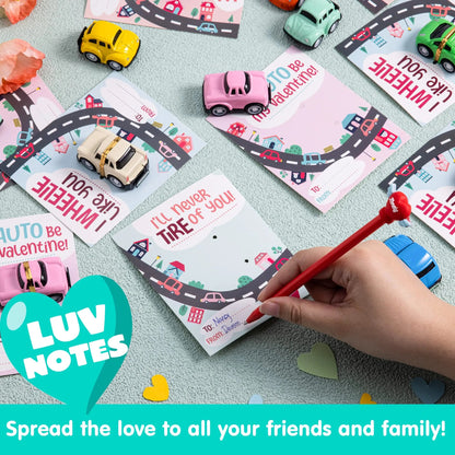 24Pcs Kids Valentine's Cards with Pull Back Car Vehicle Toys - Classroom Exchange Gifts