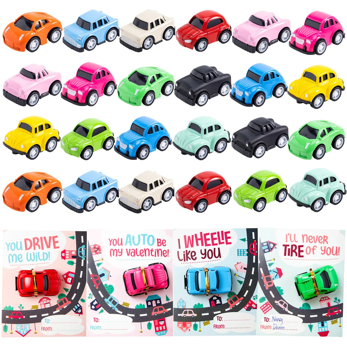 24Pcs Kids Valentine's Cards with Pull Back Car Vehicle Toys - Classroom Exchange Gifts