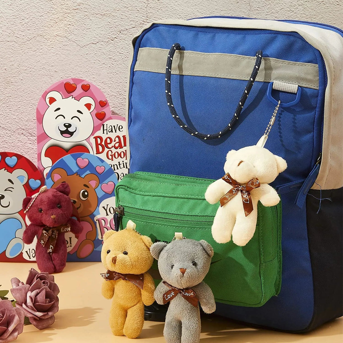 24 Kids Valentine's Cards with Mini Bear Plush Keychains in Boxes - Classroom Exchange Gifts