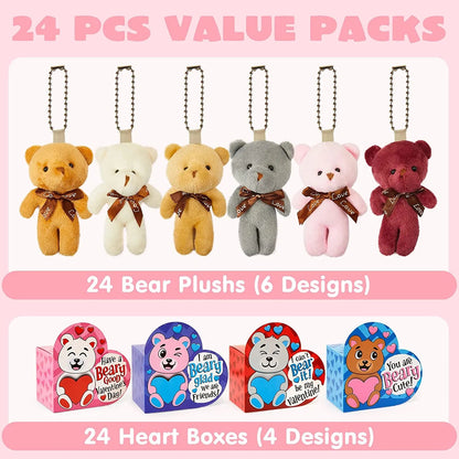 24 Kids Valentine's Cards with Mini Bear Plush Keychains in Boxes - Classroom Exchange Gifts