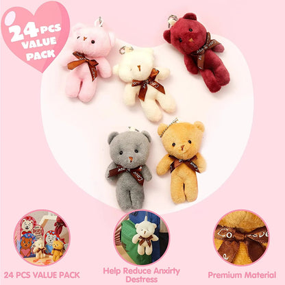 24 Kids Valentine's Cards with Mini Bear Plush Keychains in Boxes - Classroom Exchange Gifts