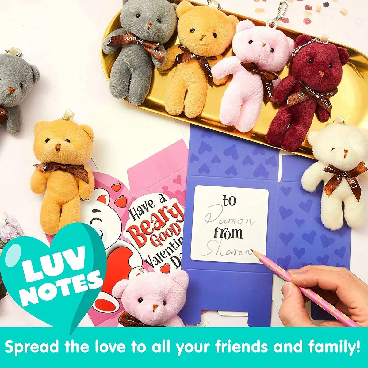 24 Kids Valentine's Cards with Mini Bear Plush Keychains in Boxes - Classroom Exchange Gifts