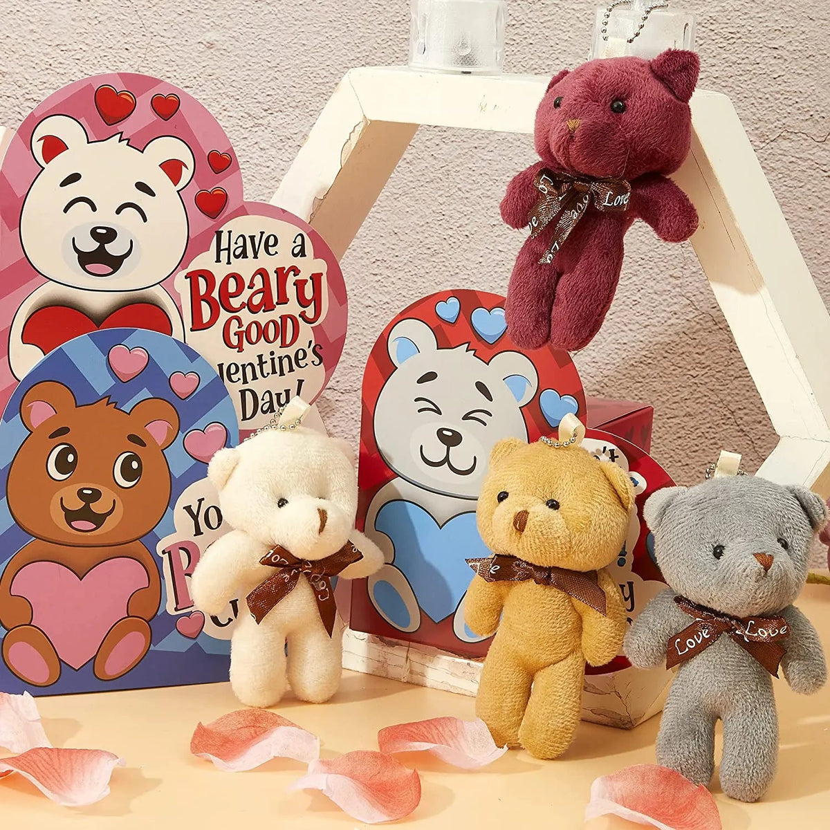 24 Kids Valentine's Cards with Mini Bear Plush Keychains in Boxes - Classroom Exchange Gifts