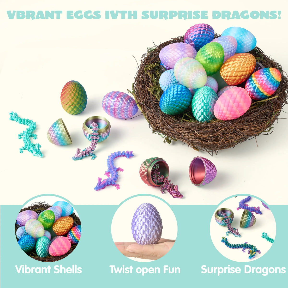 24 Pcs 3D Printed Articulated Dragon Eggs for Easter Party, Egg Hunt & Classroom Prizes