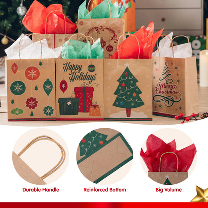 24-Pack Christmas Gift Bags, 6 Designs, Kraft Foil, 7x9x3.5 Inches