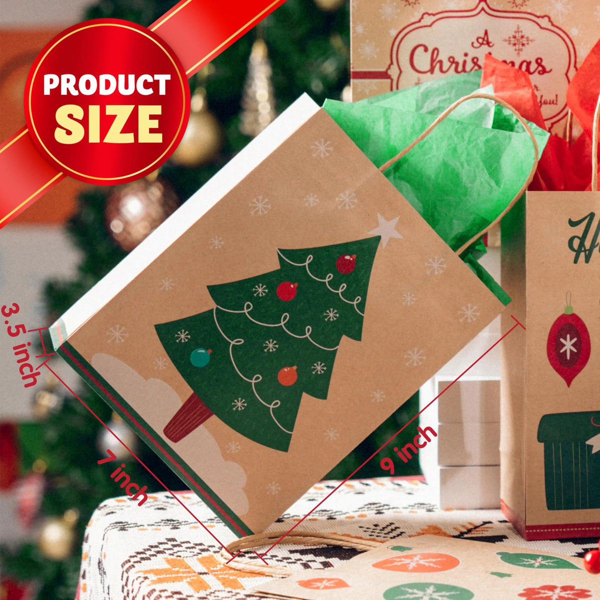 24-Pack Christmas Gift Bags, 6 Designs, Kraft Foil, 7x9x3.5 Inches
