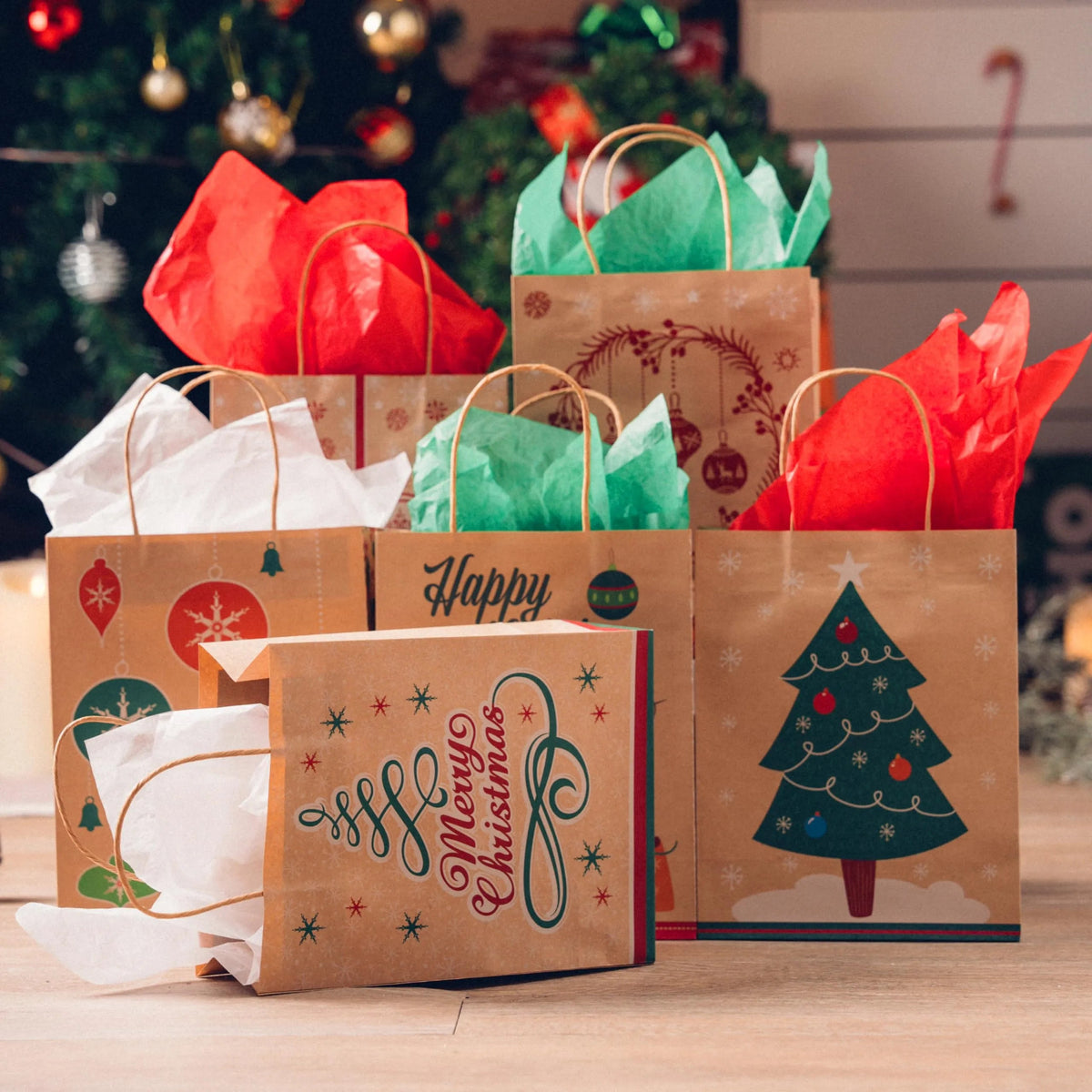 24-Pack Christmas Gift Bags, 6 Designs, Kraft Foil, 7x9x3.5 Inches