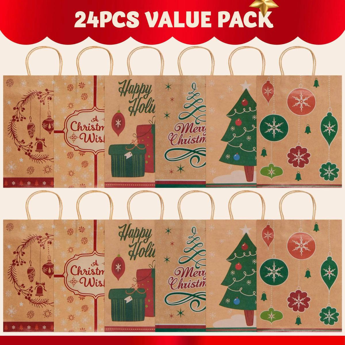 24-Pack Christmas Gift Bags, 6 Designs, Kraft Foil, 7x9x3.5 Inches