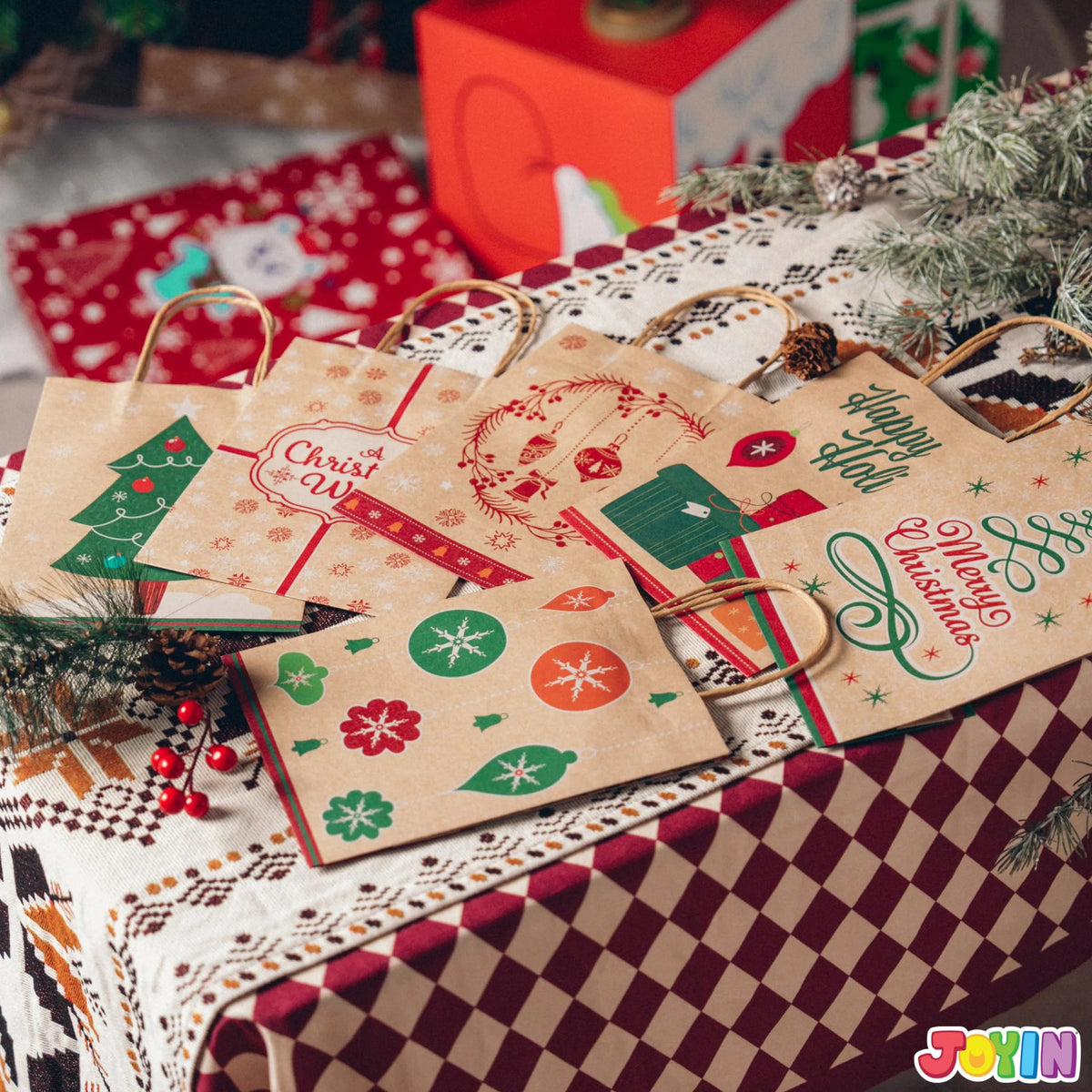 24-Pack Christmas Gift Bags, 6 Designs, Kraft Foil, 7x9x3.5 Inches