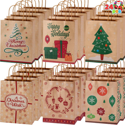 24-Pack Christmas Gift Bags, 6 Designs, Kraft Foil, 7x9x3.5 Inches