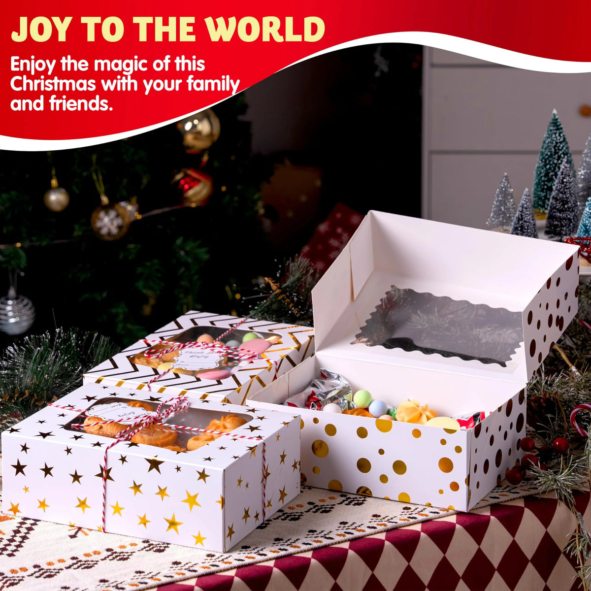 24 Pcs Gold Foil Christmas Cookie Boxes with Windows, 9" x 6.2" x 3"