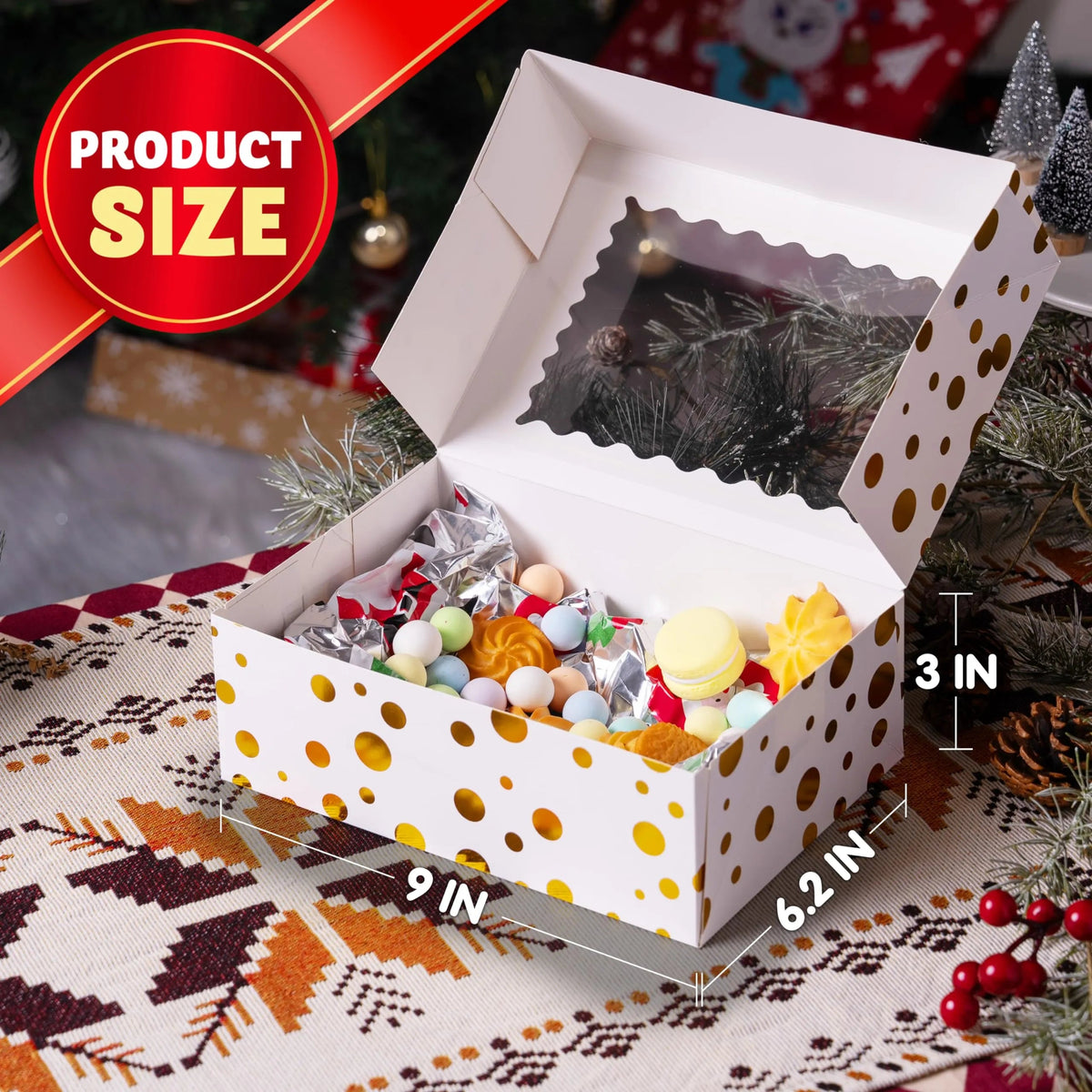 24 Pcs Gold Foil Christmas Cookie Boxes with Windows, 9" x 6.2" x 3"