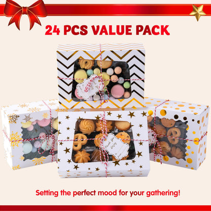 24 Pcs Gold Foil Christmas Cookie Boxes with Windows, 9" x 6.2" x 3"