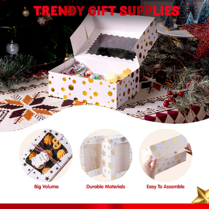 24 Pcs Gold Foil Christmas Cookie Boxes with Windows, 9" x 6.2" x 3"