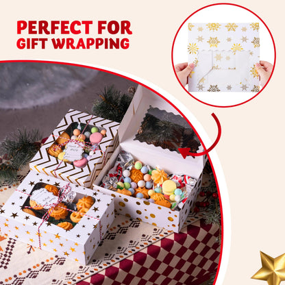 24 Pcs Gold Foil Christmas Cookie Boxes with Windows, 9" x 6.2" x 3"