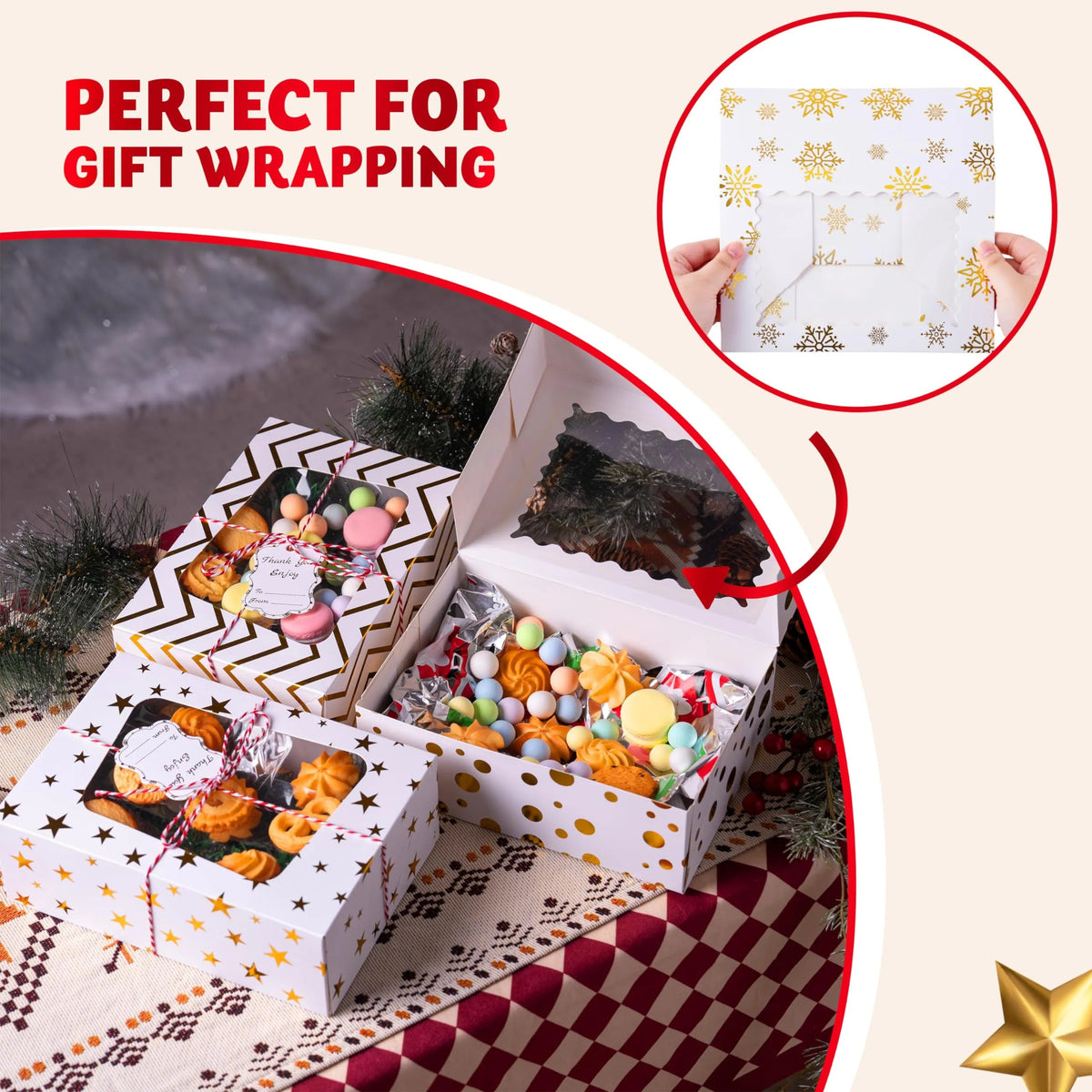 24 Pcs Gold Foil Christmas Cookie Boxes with Windows, 9" x 6.2" x 3"