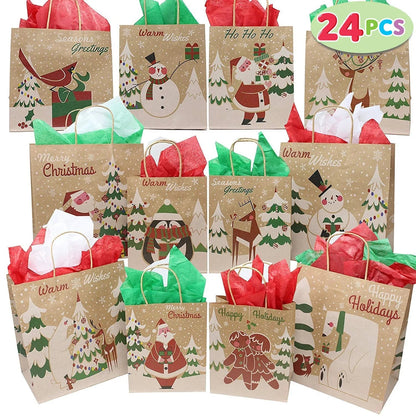 24 Pack Christmas Kraft Gift Bags with Assorted Holiday Prints