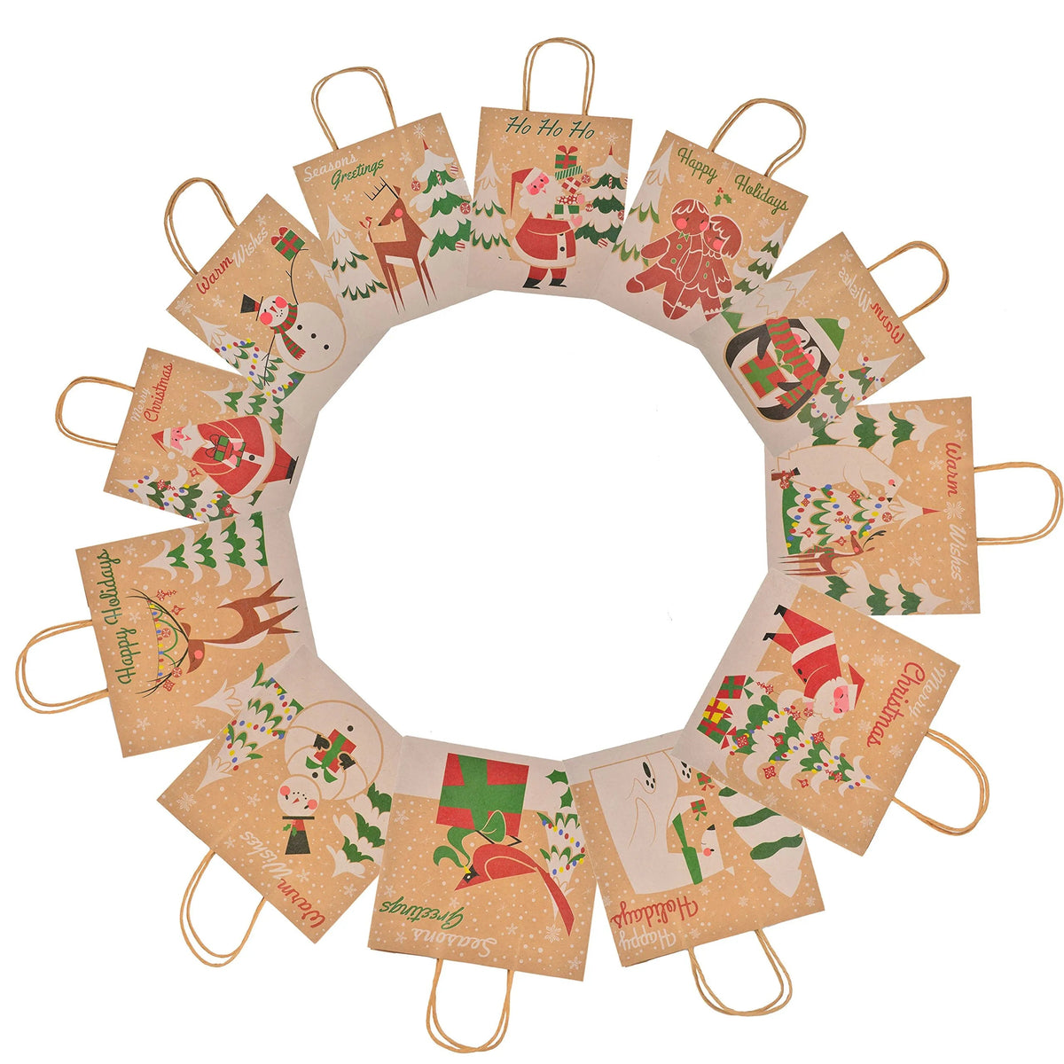 24 Pack Christmas Kraft Gift Bags with Assorted Holiday Prints