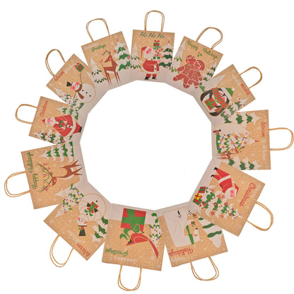 24 Pack Christmas Kraft Gift Bags with Assorted Holiday Prints