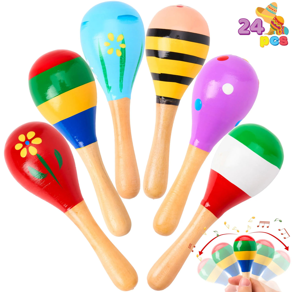 24-Pack Cinco de Mayo Mini Wooden Maracas for Kids
