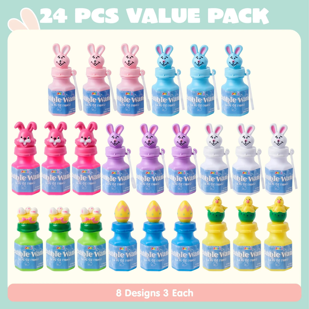 24-Pack Easter Bubble Wands - 8 Designs Featuring Animal and Easter Egg Characters