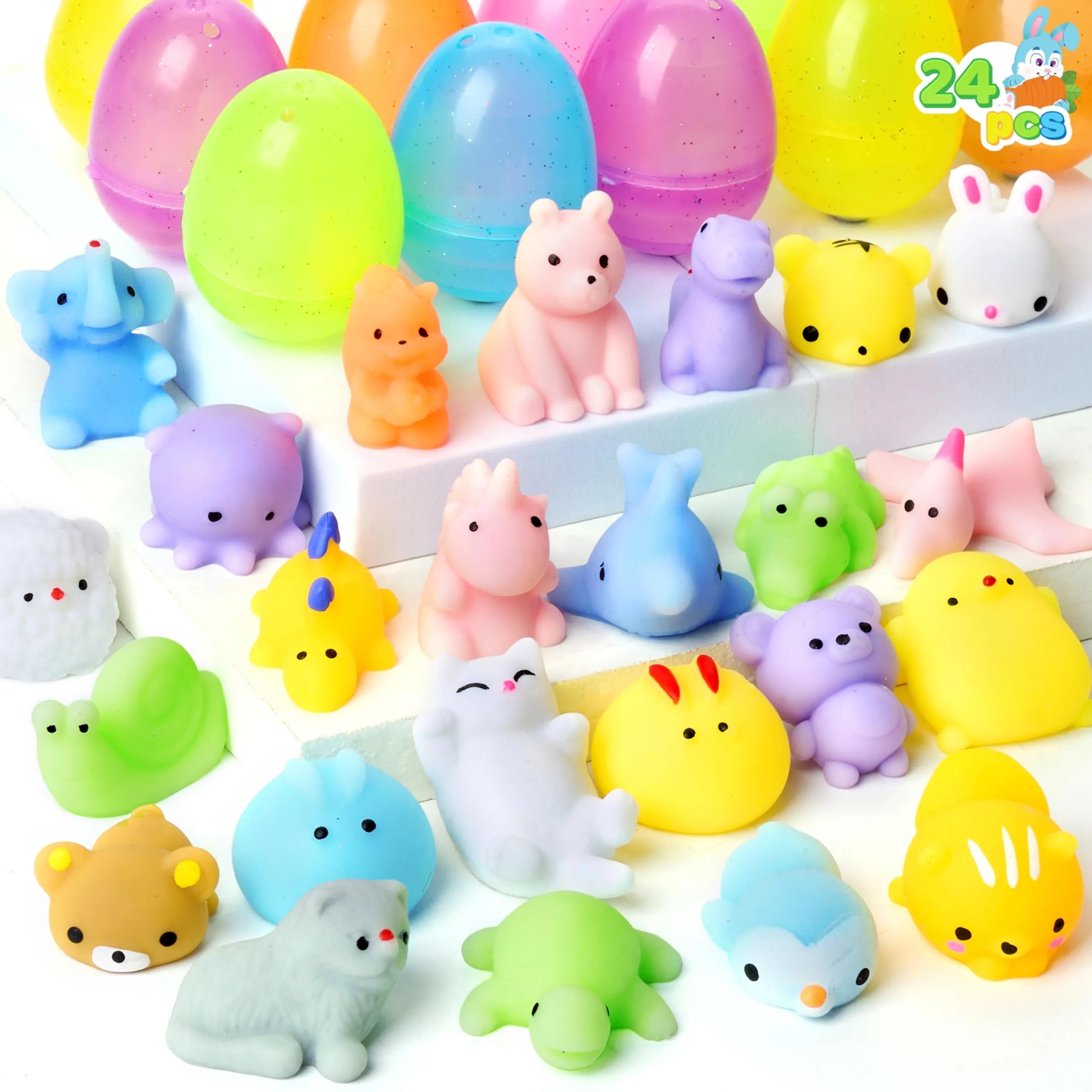 24-Pack Easter Glitter Transparent Prefilled Eggs with Mochi for Egg Hunt