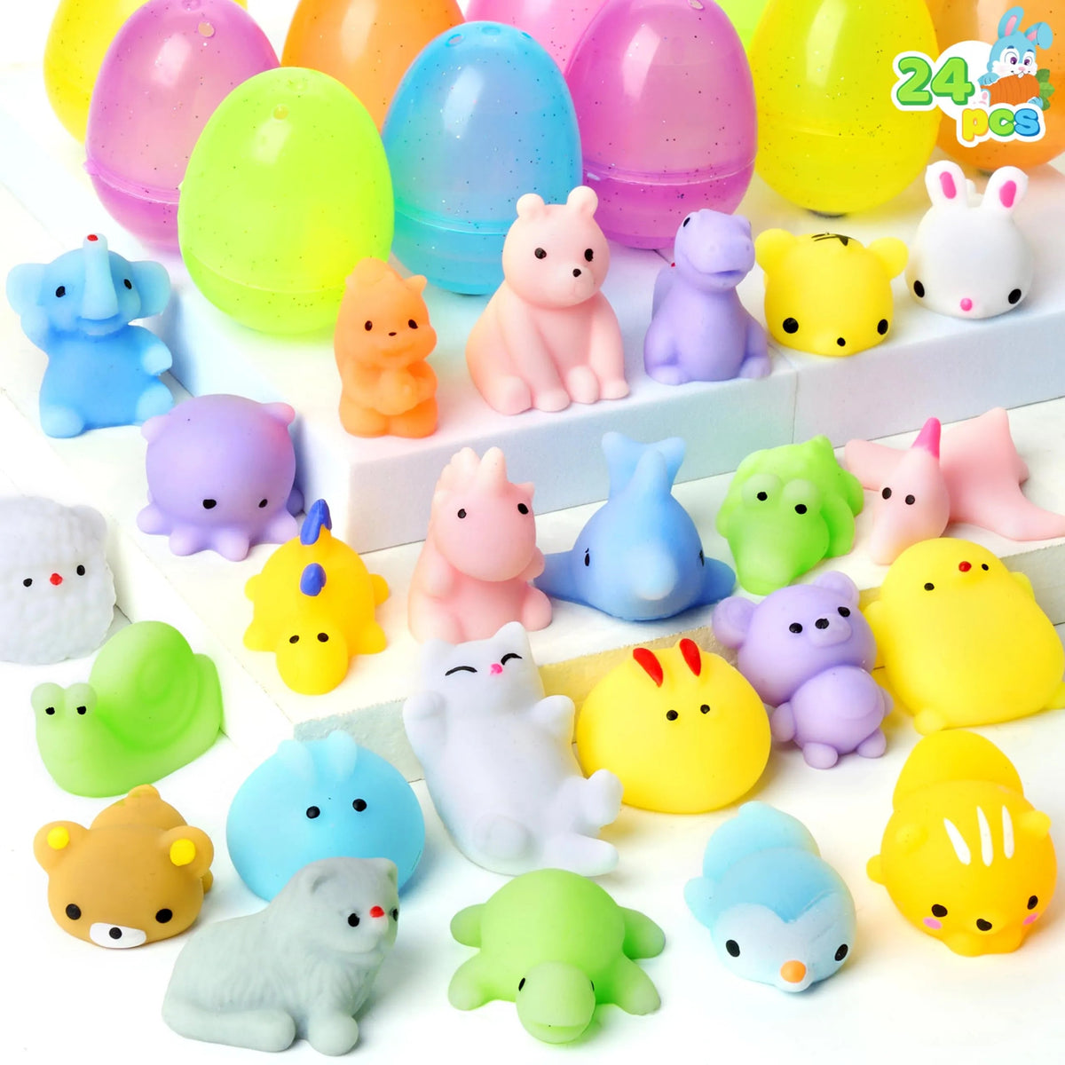 24-Pack Easter Glitter Transparent Prefilled Eggs with Mochi for Egg Hunt